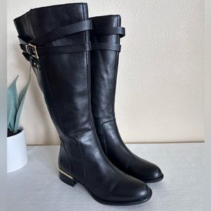 Franco Sarto Celeste Black Buckle Leather Knee High Heeled Boots Women’s 6M